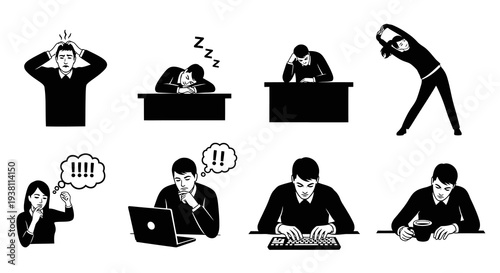 Black and White Office Stress and Wellness Icons