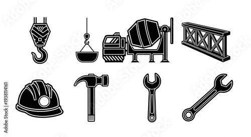 Construction Icons Set: Crane, Mixer, Hard Hat, Tools, Truss, Wrench