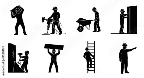 Construction worker glyphs: drilling, wheelbarrow, ladder, and more