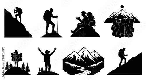 Black  White Hiking  Camping Icons Set, Adventure Mountain Vector Graphics