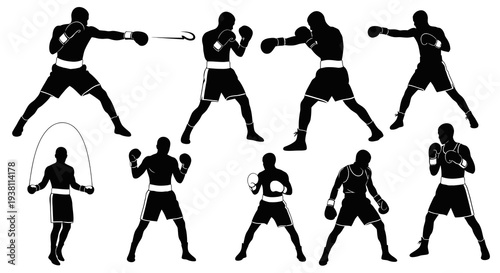 Black  White Silhouettes of Boxers and Jump Rope Athlete, Sports Concept
