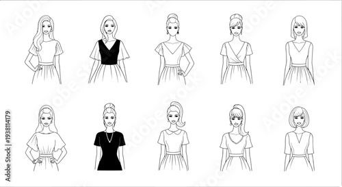 Black and White Fashion Illustration: Diverse Women's Outfits