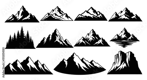 Black  White Mountain Range Icons: Nature Landscape Art Style