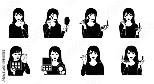 Woman applying makeup, black and white line art vector