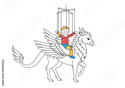 Line art drawing of a puppet riding a winged equine mythical creature