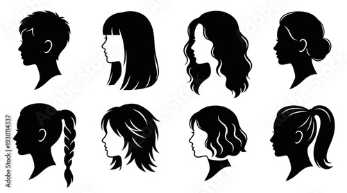 Black  White Silhouettes of Diverse Women's Hairstyles