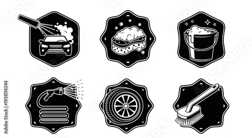 Car Wash Icons Set - Black and White Line Art Glyphs