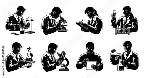 Scientists in Lab Coats Working with Microscopes and Test Tubes, BW Vector Art