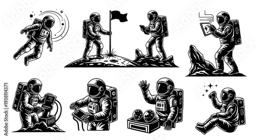 Astronauts In Space Black and White Line Art Vector Collection