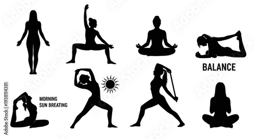 Yoga Poses Silhouettes - Balance, Morning Sun Breathing, Meditation