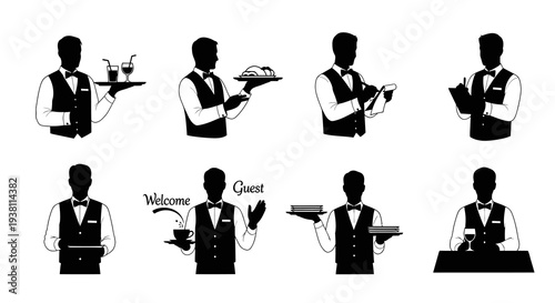 Waiter Silhouettes: Serving Drinks, Food, Taking Orders, Welcoming Guests