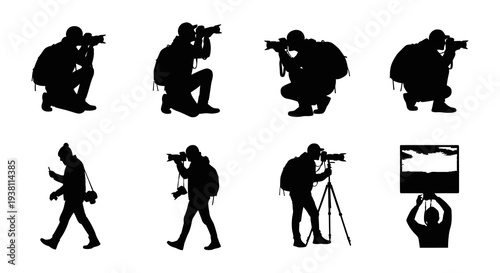 Silhouette photographers with cameras and tripod, white background