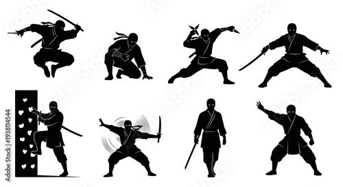 Black and White Ninja Silhouettes in Various Action Poses