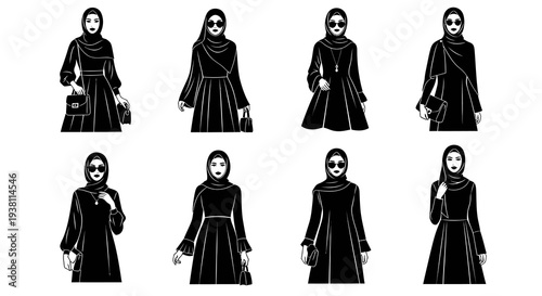 Black  White Fashion Illustration of Women in Hijab and Abaya