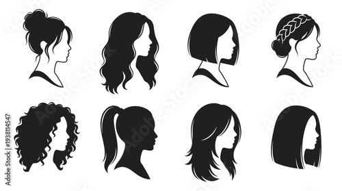 Black and White Silhouettes of Women's Hairstyles, Vector Art