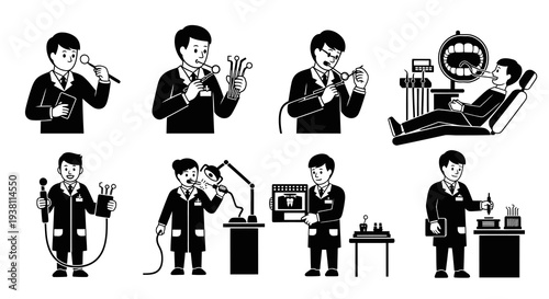 Dentist icons, black and white vector dental illustrations
