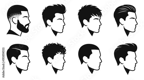 Black and White Vector Icons of Men's Hairstyles, Male Grooming