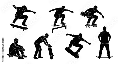 Black  White Silhouettes of Skateboarders Performing Tricks