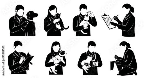 Veterinary Clinic Icons: Doctors with Pets - Black  White Glyph Art