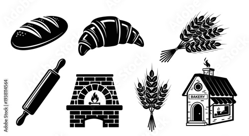 Black and White Bakery Icons: Bread, Croissant, Oven, Wheat, Rolling Pin