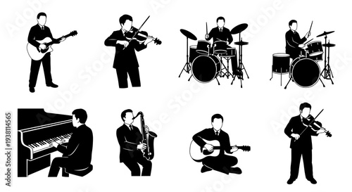 Black and White Musicians Playing Instruments Vector Icons - Music Concept