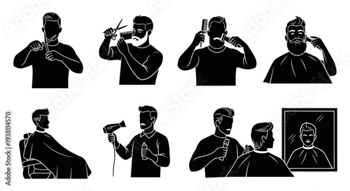 Black  White Barber Icons: Haircut, Shave, Drying, Mirror Reflection