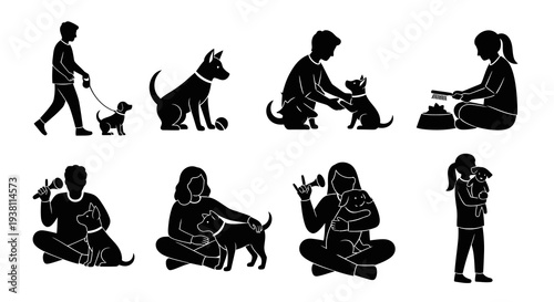 Black and White Silhouette Icon Set: People with Dogs, Pet Care, Activities