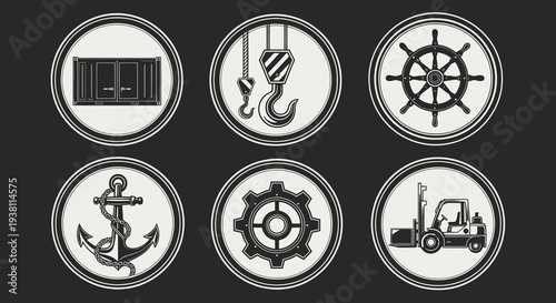 Nautical, Industrial, Logistics Icons: Anchor, Gear, Crane, Ship Wheel, Forklift, Container