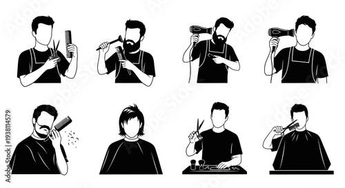 Barber Icons: Black and White Line Art of Hair Cutting and Styling