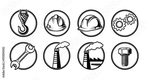 Industrial Icons Black White - Crane, Hard Hat, Wrench, Factory, Gears, Bolt