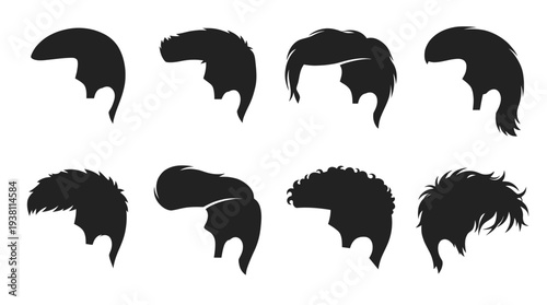 Black Silhouette Hairstyles for Men, Vector Set, Flat Style