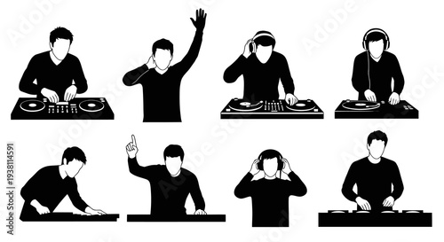 Black  White DJ Icon Set with Turntables and Headphones