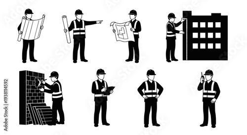 Construction worker icons: builders, architects, blueprints, site safety