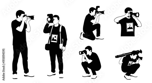 Black  White Silhouettes of Photographers with Cameras, Stock Vector