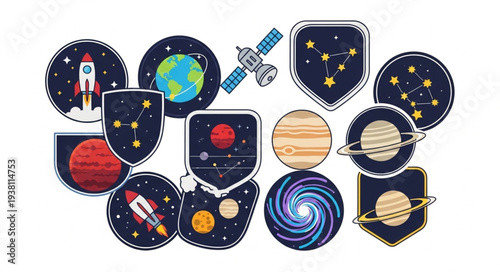 Collection of Space Themed Patches and Stickers.