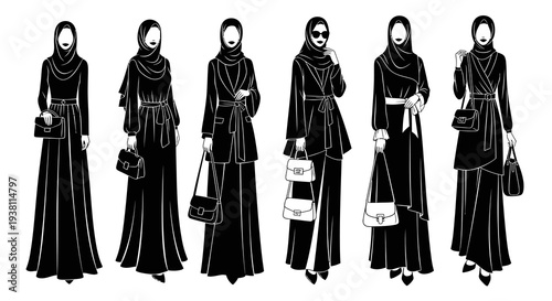 Black  White Line Art of Fashionable Muslim Women in Hijab and Abaya
