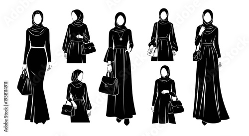 Black  White Line Art of Muslim Women in Hijab and Modest Fashion