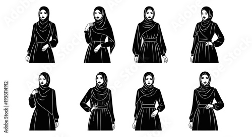 Black  White Line Art Hijab Fashion Models Poses