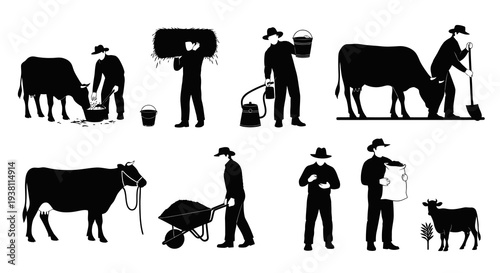 Farmer and Cow Icons - Black and White Vector Art