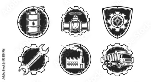 Industrial Icons Set: Oil Barrel, Valve, Wrench, Factory, Truck, Gear