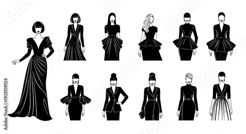 Fashionable Black  White Fashionable Women Figures Vector