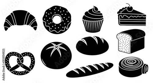 Black  White Glyph Icons of Various Bakery Goods