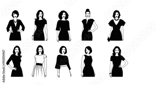 Black and White Line Art Women Fashion Dresses Poses Vector