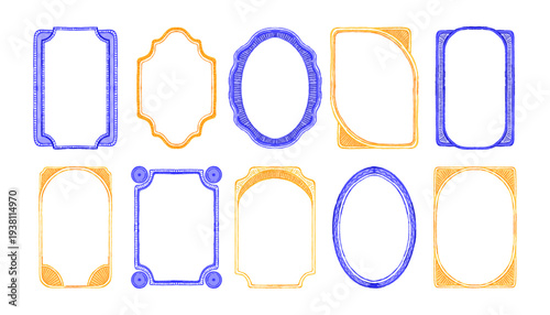 Watercolor vintage doodle frame, hand drawn elegant wedding invitation border, blue yellow decor set. Coastal ornamental decoration postcard, oval rectangle arch shape. Empty watercolor birthday frame