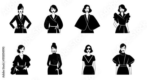 Black  White Fashion Illustration of Women in Chic Outfits