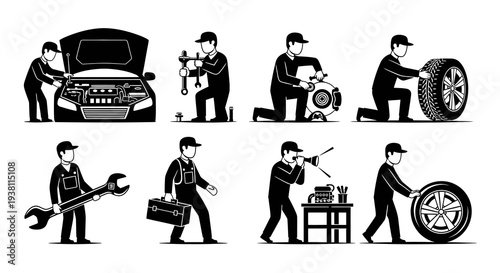 Automotive Mechanic Icons: Black  White Glyph Set