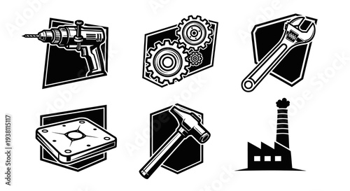 Industrial Icons: Drill, Gears, Wrench, Plate, Hammer, Factory - Black  White