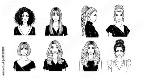Black and White Line Art of Diverse Women's Hairstyles and Fashion