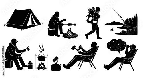 Camping and Hiking Silhouettes: Tent, Fishing, Campfire, Backpacking