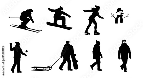 Winter Sports Silhouettes: Skiing, Snowboarding, Ice Skating, Snowman, Sled